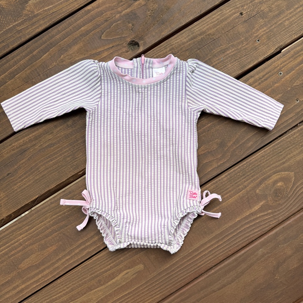 Ruffle Butts - Purple Striped Long Sleeve Rash Guard Swimsuit